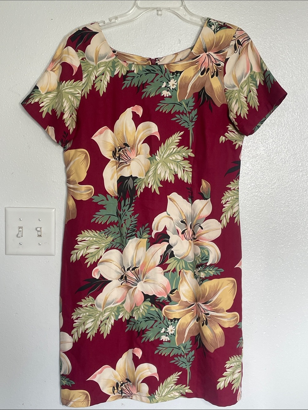 Hilo Hattie Burgundy Floral Midi Dress with Cream & Yellow Lilies